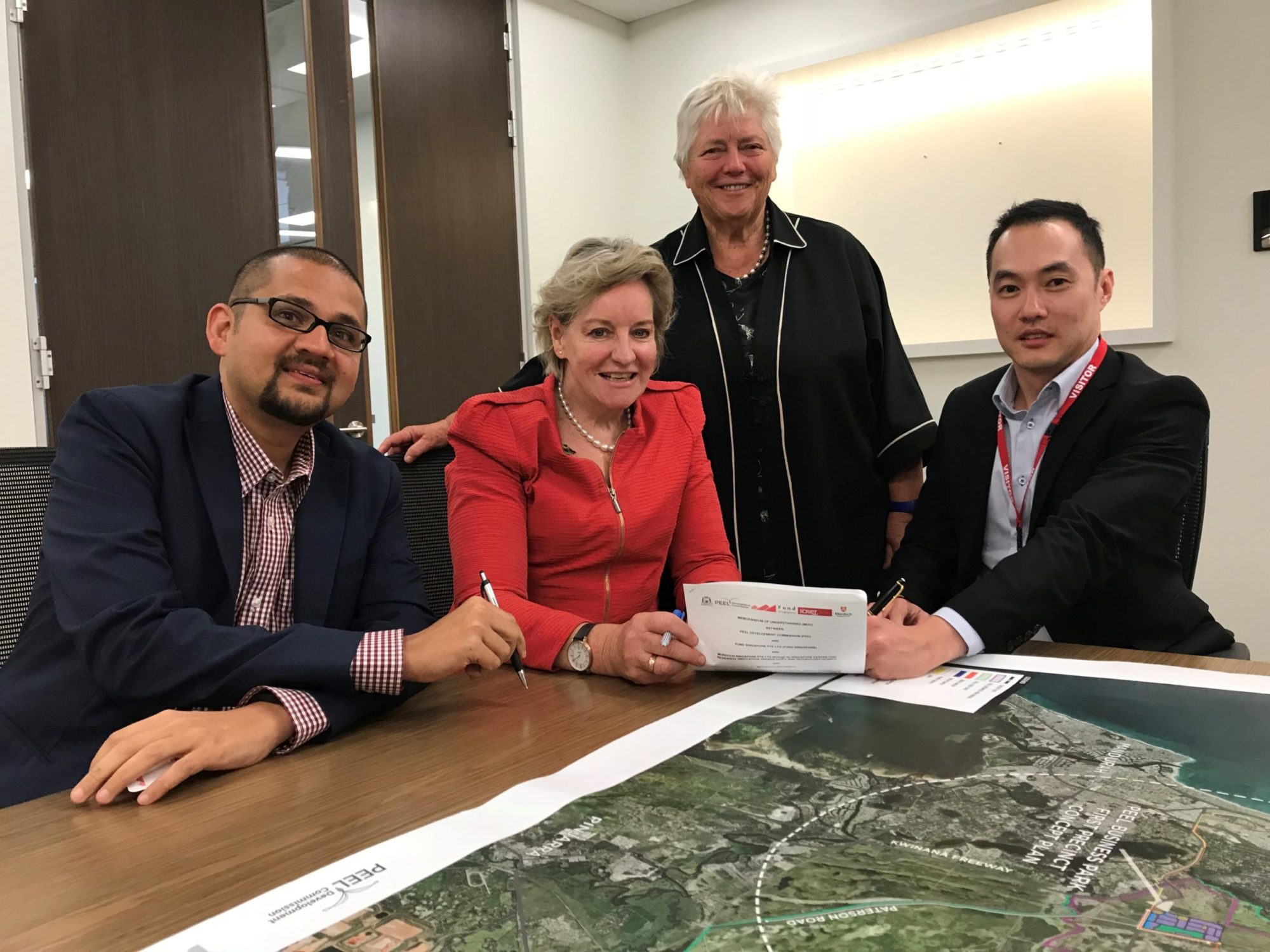 At the MOU signing are Associate Professor Chris Vas, Murdoch University Singapore;  Hon. Alannah MacTiernan, Minister for Regional Development; Agriculture and Food; Ms Paddi Creevey, Chair, Peel Development Commission; Mr Lester Chan, Chief Executive Officer, Fund Singapore Pte Ltd. 